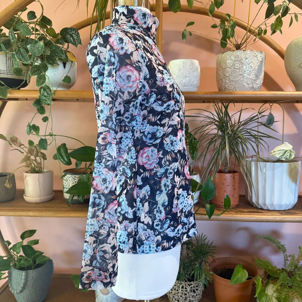 Banana Republic Blue Floral Mesh Turtleneck Fitted Long Sleeve Blouse Small - Picture 2 of 9